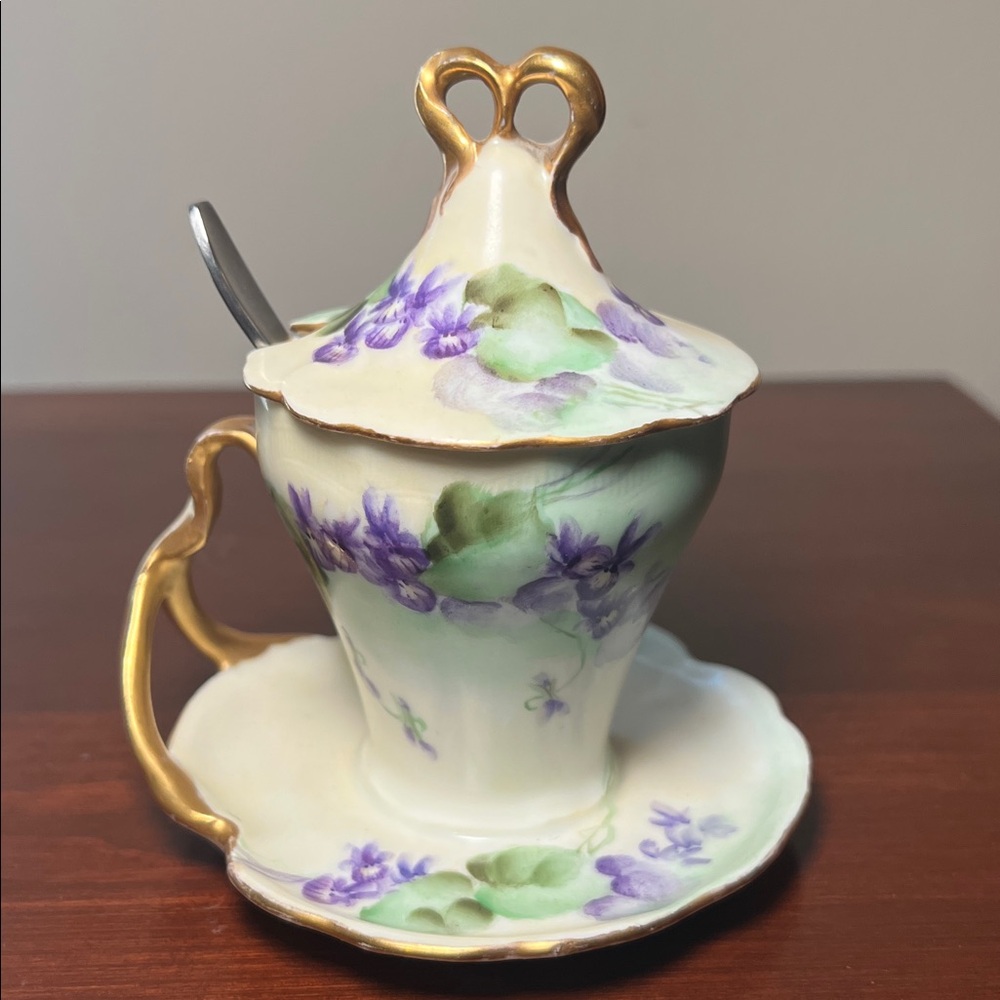 Antique Handpainted Purple Violets Porcelain Gold Gilt Sugar Dish Ornate Handle